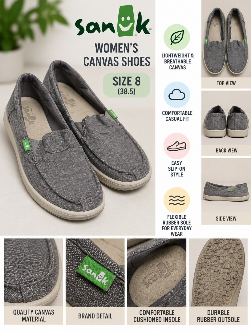 Sanuk Women's size 8 grey canvas shoes #36